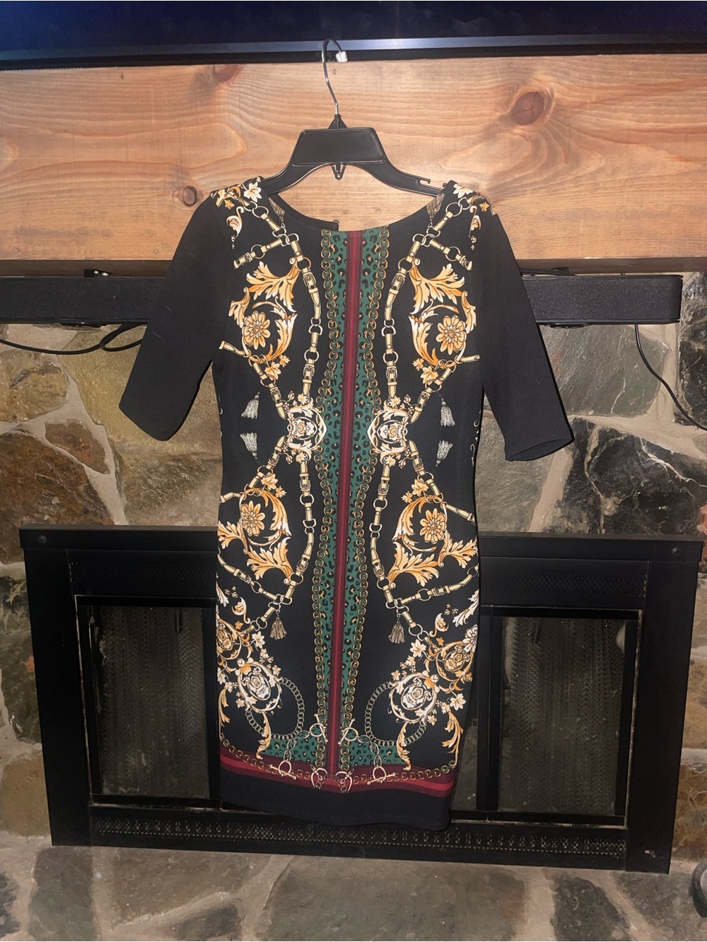 Haute Monde Black Dress with Gold Chain & Green Stripe Accents